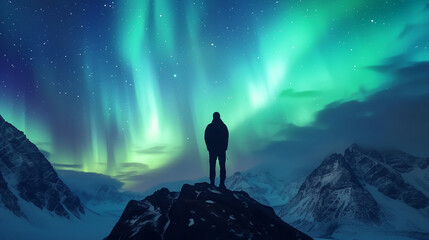 man looking at aurora borealis sky and night mountains