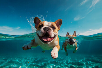 Bulldogs diving underwater, funny dog underwater, summer mood concept, vacation, tropics, ocean.
