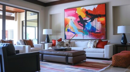 Modern living room interior with abstract painting.