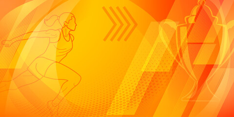 Runner themed background in orange and red tones with abstract curves and dots, with sport symbols such as a female athlete and a cup