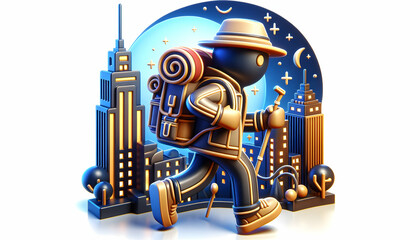Dynamic 3D Icon: Backpacker Exposing Metropolitan Nights in Construction Concept
