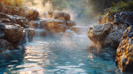 A steaming hot springs scene at golden hour - obrazy, fototapety, plakaty