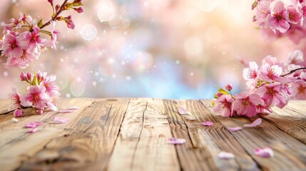 Empty wooden table top with Sakura cherry blossoms on blur bokeh background. For display or montage you products. Blank space for beauty product display	