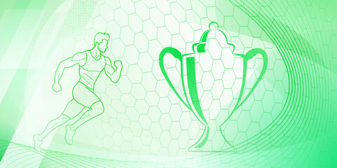 Runner themed background in green tones with abstract curves and mesh, with sport symbols such as a male athlete, running track and a cup