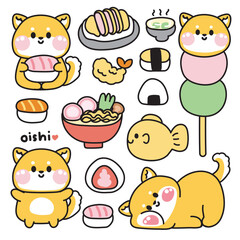 Set of cute shiba inu dog various poses in japanese food and dessert concept.Pet animal character cartoon design.Sushi,ramen,tonkatsu,dango,taiyaki drawn.Kid graphic.Kawaii.Vector.Illustration. - obrazy, fototapety, plakaty