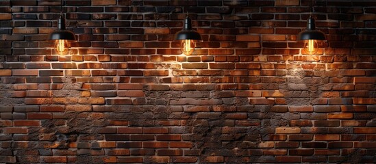 Empty brick wall with space for text lit by overhead lamps