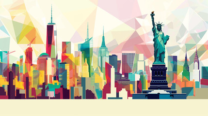 Colorful Abstract Illustration of New York City Skyline with Statue of Liberty