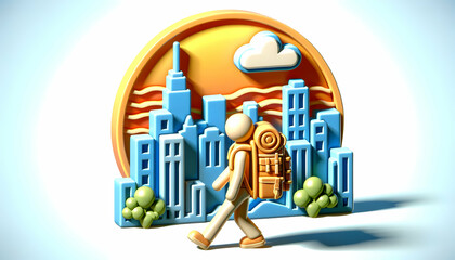 3D Icon of Skyline Serenity: A Backpacker Finding Calm Amid the City Chaos - Conceptual Construction Stock Photo