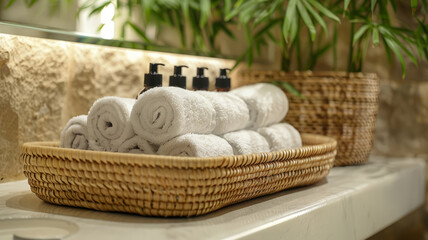 Obraz na płótnie Canvas A basket of rolled white towels in a bathroom.