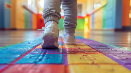 Child walking on a hopscotch game indoors