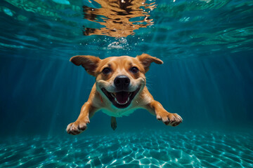 Dog diving underwater, funny dog underwater, summer mood concept, vacation, tropics, ocean.