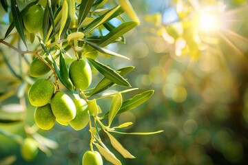 green olives on branch sunny mediterranean olive grove spain