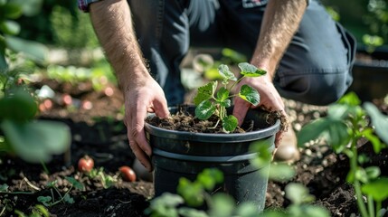 Person gardening, transplanting young plants in container. Arbor Day