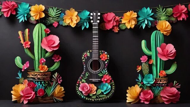 Cinco de Mayo, mexican paper decoration guitar, cactus with flowers, black background created with generative ai.	