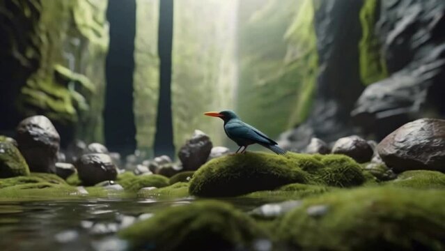 Miniature landscape, spring, a beautiful Asian bird, forest 3D stereoscopic effect created with generative ai	
