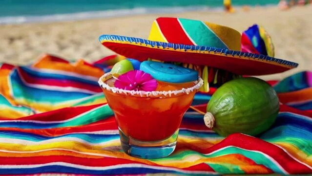 Cinco de Mayo, Mexican colorful summer fiesta party, sombrero hat, maracas margarita cocktail, table colorful Mexican decorations created with generative ai	