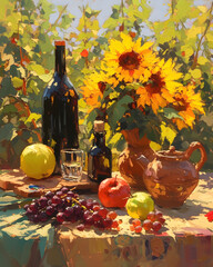 A still life painting of a vase of sunflowers, a bottle of wine, and fruit on a table.