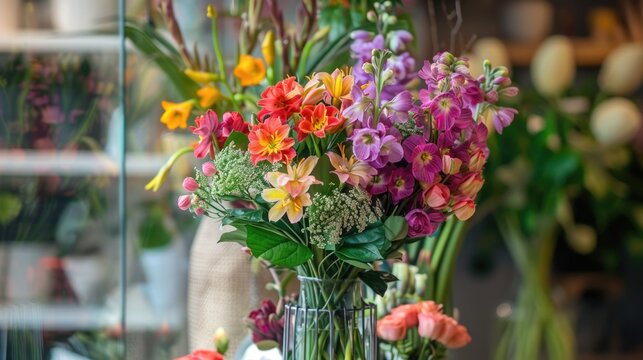 Fresh colorful bouquet of mixed flowers in a glass vase on a wooden table.