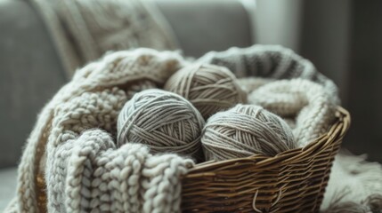 Obraz premium Gray yarn balls in wicker basket with chunky knit blanket.