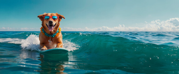 Dog in sunglasses riding the waves, surfing on a board, summer vacation concept, template, copy space. - obrazy, fototapety, plakaty