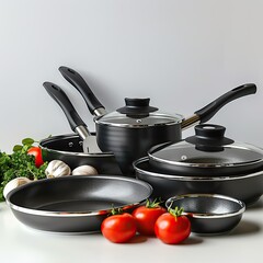 A set of kitchen utensils on the table in the kitchen. Pots, pans, kitchen utensils. Interior of a modern kitchen. Comfort, convenience, style.