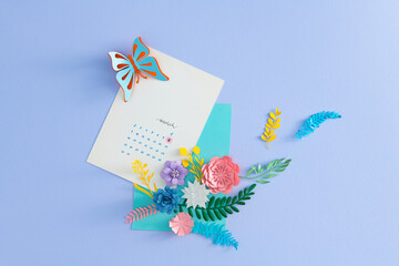 Sheet calendar March 8, envelope with paper flowers
