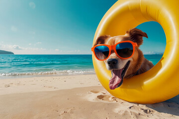 Dog in sunglasses, swimming in yellow inflatable ring ocean, summer mood tropical vacation, concept. - obrazy, fototapety, plakaty