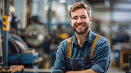 Smiling man, an employee of a German factory or plant against the background of a working workshop - obrazy, fototapety, plakaty