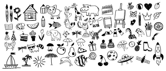 Vector line art child drawings illustration set of cute animals and various object elements