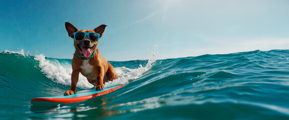 Dog in sunglasses riding the waves, surfing on a board, summer vacation concept, template, copy space.