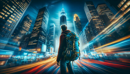 City Pulse: A Backpacker Immersed in Neon Lights, Reflecting the Rhythm of City Life - Backpacker Exposure Photo Stock Concept