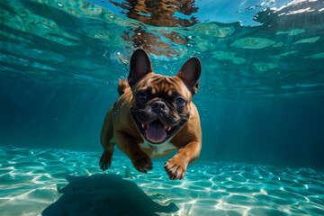 French bulldog diving underwater, funny dog underwater, summer mood concept, vacation, tropics, ocean.
