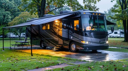 An American RV with an open black awning, parked on grass in the park on a rainy day. Relax in comfort and style with season camping at its finest.