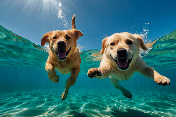 Labrador retrievers diving underwater, funny dog underwater, summer mood concept, vacation, tropics, ocean.