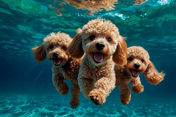 Poodles diving underwater, funny dog underwater, summer mood concept, vacation, tropics, ocean.