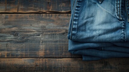 Folded denim jeans on a wooden surface. - obrazy, fototapety, plakaty