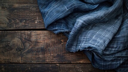 Folded denim fabric with a textured surface. - obrazy, fototapety, plakaty