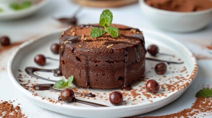 Decadent chocolate mousse cake with chocolate drizzle and mint garnish perfect for dessert menus

 - obrazy, fototapety, plakaty