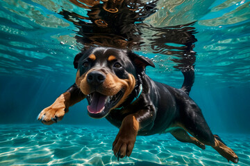 Rottwieler diving underwater, funny dog underwater, summer mood concept, vacation, tropics, ocean.