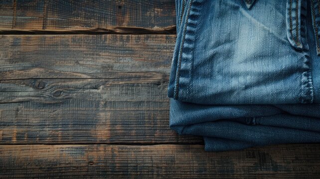 Folded denim jeans on a wooden surface.
