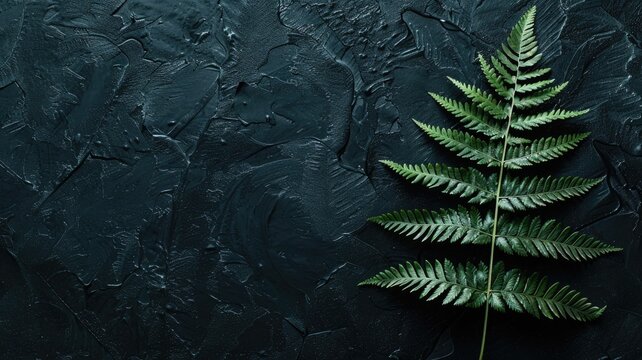 Single fern leaf against a textured dark backdrop.