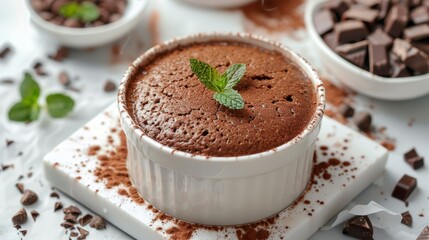 Close-up view of chocolate soufflé garnished with mint and cocoa powder, ideal for dessert menus - obrazy, fototapety, plakaty