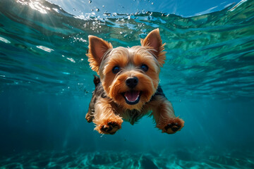 Yorkshire terrier diving underwater, funny dog underwater, summer mood concept, vacation, tropics, ocean.