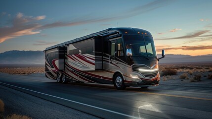 A new modern motorhome journeying on the drive. Experience luxury and comfort on wheels in this spacious mobile home adventure.