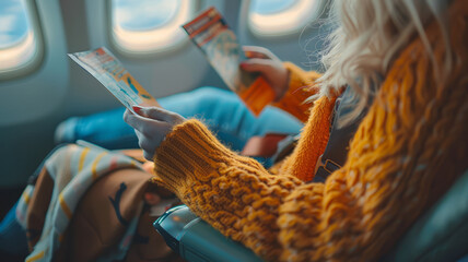 Woman reading map on airplane.
