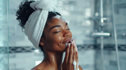 Smiling woman with towel on head applying facial cleanser. - obrazy, fototapety, plakaty