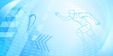 Runner themed background in light blue tones with abstract dotted lines, with sport symbols such as a male athlete and a cup