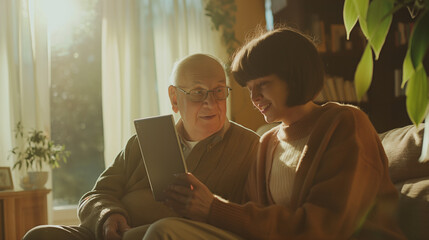 An operator patiently assisting an elderly customer with a digital device, showcasing personalized support in a softly lit setting. , natural light, soft shadows, with copy space