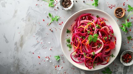 Beetroot noodles with herbs and spices on a white plate.