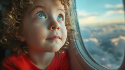 Young boy looking out airplane window
